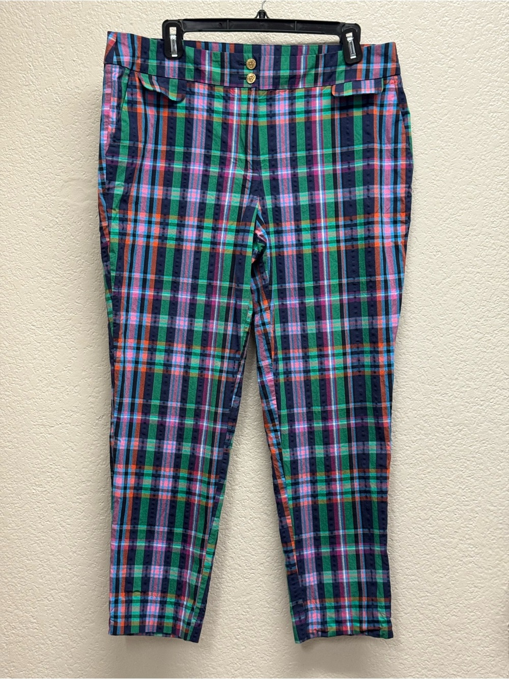 Anne Klein woman’s Plaid Chinos in Navy, Green & Pink size 12 Rise 12 waist 18”